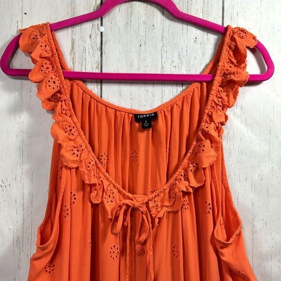 Torrid Eyelet Orange Ruffle Tie Front Womens Sleeveless Summer Casual Tank Top - Picture 4 of 13